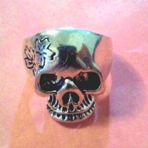 Silver Heavy Metal Flower Skull Ring Unisex Mens Gothic Biker Goth Jewelry Sz 10